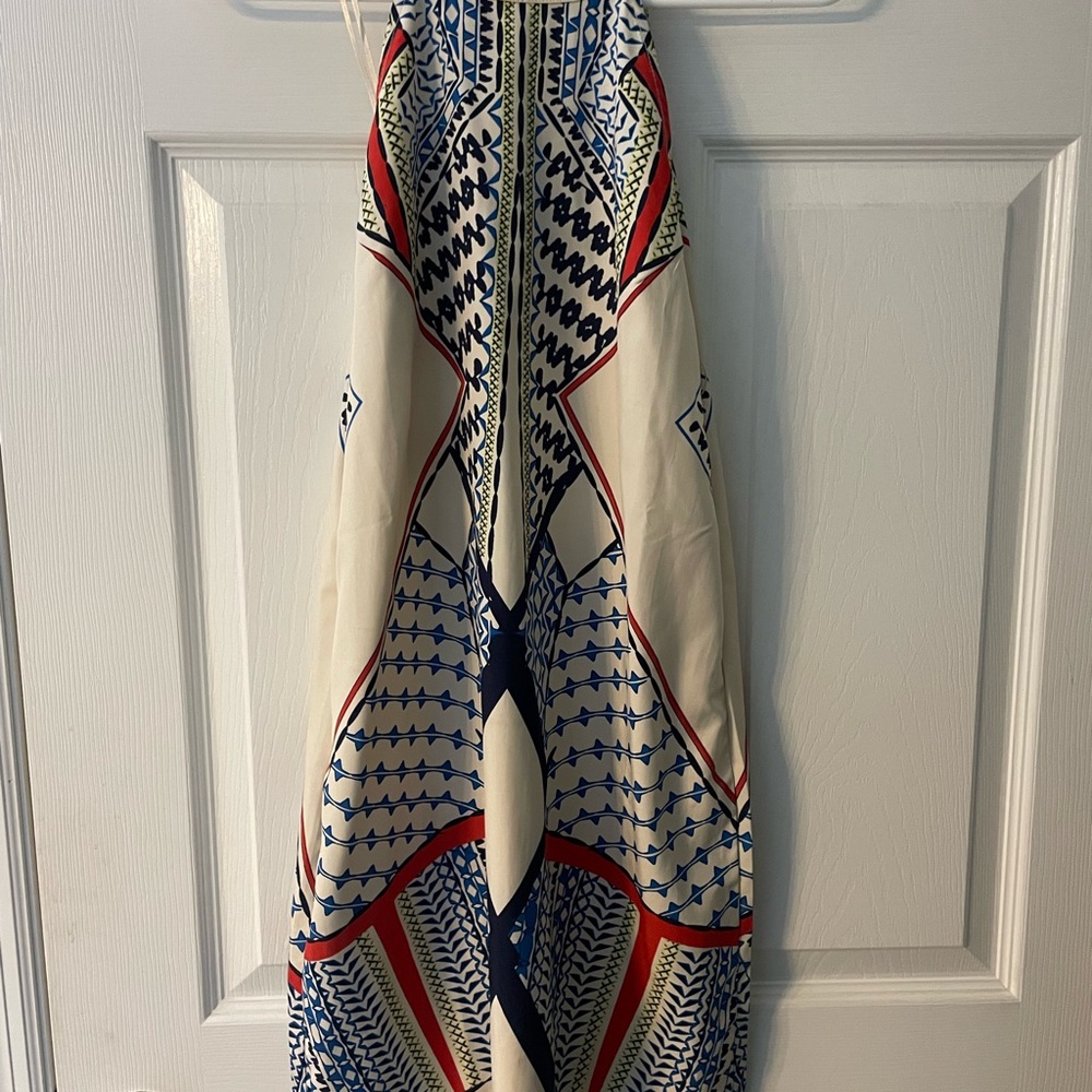 VENUS Strapless Dress with Blue, Red, and Cream Pattern